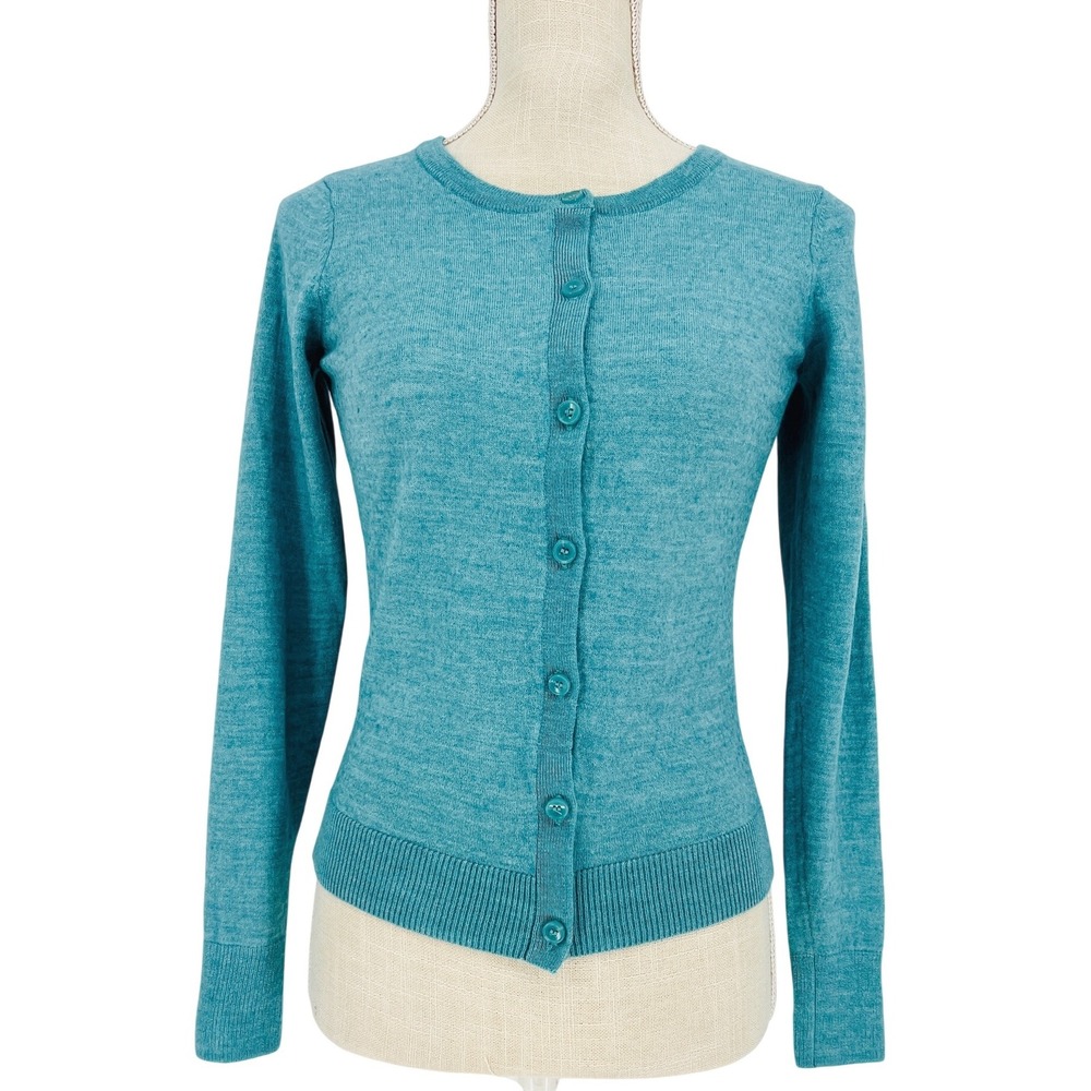 The Limited Cardigan Women Medium Teal Blue Merino Wool Blend Slim Knit Classic